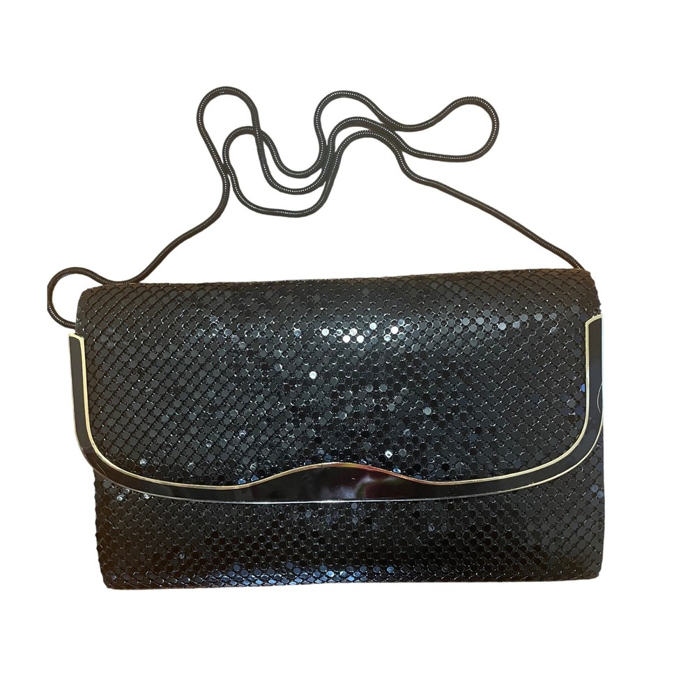 Vintage Black Evening Clutch Metal Mesh Gold Trim Chain Strap Made in Hong Kong‎